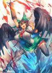  1girl :d black_hair black_legwear breasts fang feathered_wings highres large_breasts long_hair looking_at_viewer melon22 open_mouth red_eyes reiuji_utsuho smile solo teeth thigh-highs touhou w wings 