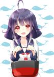  1girl ahoge blush commentary_request hair_flaps highres holding_bucket inu3 kantai_collection long_hair looking_at_viewer low_twintails purple_hair red_eyes school_uniform serafuku smile solo taigei_(kantai_collection) twintails whale 