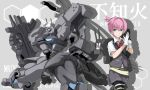  1girl adjusting_clothes adjusting_gloves background_text bad_id blue_eyes commentary_request copyright_name crossover glaring gloves grey_skirt gun hair_ornament kantai_collection machinery mecha mototaro muvluv namesake pink_hair pleated_skirt red_ribbon ribbon school_uniform shiranui_(kantai_collection) short_hair short_sleeves skirt sword type_94_shiranui weapon 