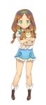  1girl :3 blush boots braid brown_hair dog full_body green_eyes highres low_braid official_art pet-loving_girl_(pop-up_story) pop-up_story skirt smile solo transparent_background twin_braids twintails 