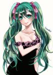  1girl artist_name dress green_eyes green_hair hair_ribbon hatsune_miku highres kyanoko_(rakalirica) long_hair looking_at_viewer ribbon romeo_to_cinderella_(vocaloid) simple_background smile solo twintails vocaloid white_background 