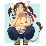  1girl breasts brown_hair cleavage commentary_request cow_girl cow_horns cow_print cow_tail gigantic_breasts hand_on_own_cheek hataraki_ari horns looking_at_viewer original ribbon sandals skindentation smile solo squatting sukimi tail twintails yellow_eyes 