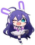  1girl ahoge animal_ears chibi double_v glowstick hair_between_eyes idolmaster idolmaster_million_live! long_hair mochizuki_anna mowahu one_eye_closed rabbit_ears smile solo striped striped_legwear v 