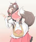  1girl absurdres animal_ears basket breasts brown_hair cleavage cube85 dress fang highres imaizumi_kagerou looking_at_viewer orange_eyes red_hood solo tail tongue touhou v wolf_ears wolf_tail 