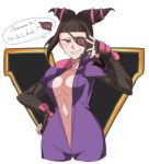  1girl aiba-tsukiko biker_clothes bikesuit breasts cleavage drill_hair eyepatch fingerless_gloves gloves grin han_juri looking_at_viewer midriff navel purple_suit sideboob smile solo speech_bubble street_fighter street_fighter_v twin_drills unzipped 