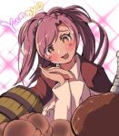  +_+ 1girl :d amira_(shingeki_no_bahamut) barrel blush braid english food granblue_fantasy long_hair long_sleeves mochi_(bokkuri) open_mouth orange_eyes pink_hair shingeki_no_bahamut:_genesis smile solo twintails 