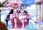  2girls angel_wings black_hair bow flower gazebo hair_bow headset highres holding_hands instrument long_hair love_live!_school_idol_festival love_live!_school_idol_project multiple_girls nishikino_maki open_mouth orien outdoors petals piano redhead rose rose_petals short_hair smile tree twintails violet_eyes wings x_hair_ornament yazawa_nico 