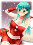  1girl arm_support bag bare_shoulders box breasts christmas cleavage gift gift_box gloves green_eyes green_hair hair_ornament hairclip highres kantai_collection looking_at_viewer midriff navel parted_lips santa_costume snow snowing solo suzuya_(kantai_collection) weavehabit 