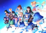  6+girls aino_minako artemis_(sailor_moon) bag bangs bishoujo_senshi_sailor_moon black_hair black_legwear blonde_hair blue_eyes blue_hair blue_skirt blue_sky book bookbag brown_hair cat chibi_usa clouds collarbone crescent double_bun earrings facial_mark forehead_mark green_eyes green_hair grin hair_bobbles hair_ornament hair_ribbon high_ponytail highres hino_rei holding holding_book holding_hands interlocked_fingers jewelry kaiou_michiru kino_makoto lazy_orange long_hair luna-p luna_(sailor_moon) meiou_setsuna midair mizuno_ami multiple_girls necktie one_eye_closed open_mouth pants pantyhose pink_eyes pink_hair plaid plaid_pants plaid_skirt pleated_skirt profile purple_hair reverse_trap ribbon round_teeth school_uniform serafuku short_hair skirt sky smile star_(sky) starry_sky teeth ten&#039;ou_haruka tomoe_hotaru tsukino_usagi twintails very_long_hair violet_eyes 