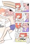  4koma @_@ ahoge bed black_legwear bra braid brown_eyes comic dakimakura dakimakura_(object) doll fate/apocrypha fate/grand_order fate_(series) female_protagonist_(fate/grand_order) figure hair_ribbon highres korean lying on_side otoko_no_ko panties pantyhose pillow pink_hair ribbon rider_of_black side_ponytail stuffed_animal stuffed_toy topless translated underwear violet_eyes 