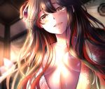  1girl black_hair collarbone commentary demon_archer fate/grand_order fate_(series) flower from_below grin hair_flower hair_ornament japanese_clothes kimono koha-ace long_hair mia_(gute-nacht-07) no_bra red_eyes smile solo 