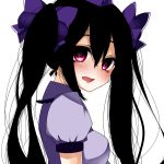  1girl black_hair blush hair_ribbon hat hata-tan heart heart-shaped_pupils himekaidou_hatate long_hair looking_at_viewer mashiro_(iityannz) open_mouth puffy_sleeves red_eyes ribbon shirt short_sleeves simple_background solo symbol-shaped_pupils tokin_hat touhou twintails upper_body white_background 