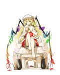  1girl artist_request ascot barefoot blonde_hair closed_mouth feet flandre_scarlet full_body hat hat_ribbon legs looking_at_viewer mob_cap open_eyes red_eyes ribbon side_ponytail sign_(pixiv9346582) sleeveless smile solo toes touhou transparent_background uneven_eyes 