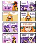  1boy 2girls 4koma blue_hair brother_and_sister brown_eyes close-up closed_eyes comic crossed_arms english fangs flying_sweatdrops from_behind glasses inkling jacket looking_away multiple_girls open_mouth orange_eyes orange_hair ponytail safari_hat siblings speech_bubble splatoon squid squidbeak_splatoon sweat sweatdrop tentacle_hair wong_ying_chee 