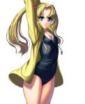  1girl arms_up blonde_hair blue_eyes hair_bobbles hair_ornament hood hoodie long_hair looking_at_viewer masao one-piece_swimsuit open_clothes open_hoodie original school_swimsuit smile solo stretch swimsuit twintails 