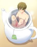 1boy bathing blush brown_hair free! funikurikurara green_eyes male_focus nude oversized_object short_hair solo tachibana_makoto teapot water 