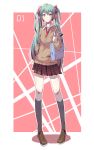  1girl absurdres ahoge alternate_costume aqua_eyes aqua_hair bag bandage_on_face black_legwear bow brown_shoes castanet_(ranhoujun) collared_shirt frown full_body hair_bow hand_in_pocket hatsune_miku highres holding_strap kneehighs long_hair long_sleeves necktie school_bag school_uniform shirt shoes skirt solo standing twintails very_long_hair vocaloid 