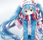  1girl blue_eyes blue_hair character_name hat hatsune_miku highres jimmy long_hair looking_at_viewer scarf smile solo striped striped_scarf twintails very_long_hair vocaloid winter_clothes yuki_miku 