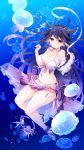  1girl bikini breasts cleavage danua granblue_fantasy highres holding_breath horns jellyfish large_breasts long_hair mizuno_(suisuiw) pointy_ears red_eyes solo swimsuit underwater 