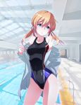  1girl ass_visible_through_thighs blonde_hair blue_eyes competition_swimsuit highres iron_cross jacket kantai_collection kurihara_kenshirou one-piece_swimsuit pool pool_ladder prinz_eugen_(kantai_collection) rei_no_pool skylight smile solo swimsuit thighs twintails undressing 