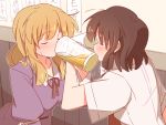  2girls alcohol beer beer_mug blonde_hair blush brown_hair closed_eyes dress drinking locked_arms long_hair long_sleeves maribel_hearn multiple_girls puffy_long_sleeves puffy_sleeves red_ribbon ribbon shirt short_sleeves touhou translation_request unagi_sango upper_body usami_renko white_shirt wide_sleeves 