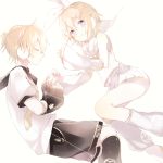  1boy 1girl arm_warmers blonde_hair blue_eyes bow brother_and_sister closed_eyes hair_bow hair_ornament hairclip headphones headset kagamine_len kagamine_len_(vocaloid4) kagamine_rin kagamine_rin_(vocaloid4) leg_warmers looking_at_viewer necktie niwa_(ejizon) sailor_collar short_hair shorts siblings skirt twins vocaloid white_bow white_skirt yellow_necktie 