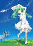  1girl blue_sky clouds dress full_body grass green_hair hand_on_headwear hat highres open_mouth original red_eyes sandals sky smile solo sun_hat telephone_pole treasure_(296022079) twintails white_dress 