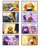  ! 1boy 2girls 4koma adjusting_glasses arrow blue_hair brother_and_sister brown_eyes buttons character_name comic domino_mask english from_above glasses inkling long_hair looking_at_another mask multiple_girls open_mouth pointy_ears ponytail safari_hat shoes siblings sneakers splatoon spoken_exclamation_mark squidbeak_splatoon tentacle_hair wong_ying_chee 