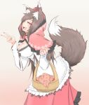  1girl animal_ears basket breasts brown_hair cleavage commentary cosplay cube85 dress fang highres imaizumi_kagerou large_breasts little_red_riding_hood little_red_riding_hood_(cosplay) little_red_riding_hood_(grimm) looking_at_viewer orange_eyes red_hood solo tail tongue tongue_out touhou v wolf_ears wolf_tail 