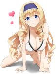  1girl all_fours bikini blonde_hair blue_eyes breasts cecilia_alcott cleavage collarbone drill_hair full_body hairband heart highres infinite_stratos large_breasts long_hair looking_at_viewer mattari_yufi navel parted_lips solo swimsuit very_long_hair white_bikini 