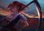  1girl breasts cleavage flower hair_bobbles hair_ornament hand_on_shoulder nooca on_shoulder onozuka_komachi red_eyes redhead scythe short_hair smile solo spider_lily sunset touhou two_side_up 