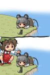  abekawa animal_ears brown_hair cat_ears chen comic crouching fishing grey_hair hat mouse mouse_ears mouse_tail nazrin red_eyes short_hair silent_comic squatting tail touhou water 