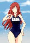  breasts brown_eyes brown_hair clothes_writing clothing_writing erza_scarlet fairy_tail hand_on_hip long_hair name_tag redhead sakisaka_shinono school_swimsuit smile solo swimsuit 