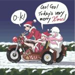  ! anemone christmas dominic_sorel engrish eureka_7 gif hat motorcycle open_mouth pink_hair ranguage santa_hat sidecar snow 