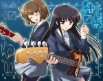  akiyama_mio bad_id bass_guitar black_hair blush brown_hair closed_eyes foreshortening guitar hair_ornament hairclip hirasawa_yui instrument k-on! multiple_girls pantyhose plectrum ryoumoto_ken school_uniform 