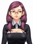  breasts cleavage cozy glasses green_eyes lips original purple_hair tsurime twintails 