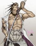  artist_request bandage bandages black_hair bleach blood eyepatch haori japanese_clothes kusajishi_yachiru licking male manly muscle scar source_request sword taichou_haori tongue torn_clothes traditional_media weapon zaraki_kenpachi 