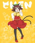  brown_hair cat_ears cat_tail character_name chen earrings hat jewelry lilac_(artist) multiple_tails pantyhose short_hair solo tail touhou watarun 