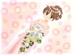 bouquet bride brown_eyes brown_hair chunpai dress dutch_angle flower hirasawa_ui k-on! ponytail short_hair solo wedding_dress 
