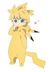  bad_id blonde_hair blue_eyes chibi child cosplay costume heart kagamine_len male parody pikachu pikachu_(cosplay) pokemon short_hair simple_background solo unnamed vocaloid white_background 