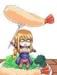  agrias_oaks blonde_hair braid chibi crustacean d_kurouri final_fantasy final_fantasy_tactics food fork girl_on_a_plate in_food long_hair minigirl o_o plate shrimp shrimp_tempura solo tempura 