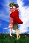  1girl bad_id barefoot blush brown_hair couple earrings eye_contact fukunoya fuu height_difference highres hug japanese_clothes jewelry kimono mugen samurai_champloo size_difference sky smile squirrel 