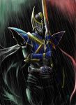  cape dead_pepper highres kamen_rider kamen_rider_knight kamen_rider_ryuki_(series) rain sword weapon 