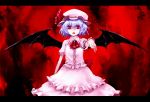  bat_wings blue_hair hat kuroino pointing red_eyes remilia_scarlet short_hair solo touhou wings 
