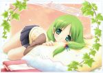  :o garden_(game) green_eyes green_hair leaf leaves legs long_hair lying otokawa_sayo ozawa_yuu pillow skirt sweater 