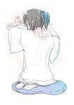  back blue_eyes brown_hair from_behind looking_back oversized_clothes ponytail sitting socks t-shirt 
