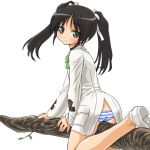  blush dd_(artist) flat_chest francesca_lucchini green_eyes loli long_hair looking_back panties sitting strike_witches striped striped_panties tree twintails underwear 