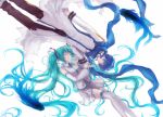  1girl aqua_eyes aqua_hair blue_eyes blue_hair closed_eyes couple detached_sleeves eyes_closed from_above hand_holding hatsune_miku headphones holding_hands kaito last_night_good_night_(vocaloid) long_hair lying necktie robinexile rotational_symmetry scarf short_hair simple_background skirt thigh-highs thighhighs twintails very_long_hair vocaloid zettai_ryouiki 