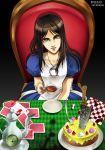  1girl alice:_madness_returns alice_(wonderland) american_mcgee&#039;s_alice apron bad_perspective black_hair dress green_eyes highres jewelry long_hair looking_at_viewer necklace nib_pen_(medium) sayakajou solo traditional_media 