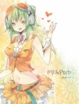  blue_eyes blush breasts cleavage goggles green_hair gumi heart heca midriff short_hair skirt solo vocaloid wave waving 